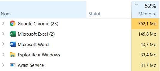 Capture d'écran du gestionnaire des tâches Windows : Utilisation de la mémoire RAM en temps réel. Source : KnowITbetter