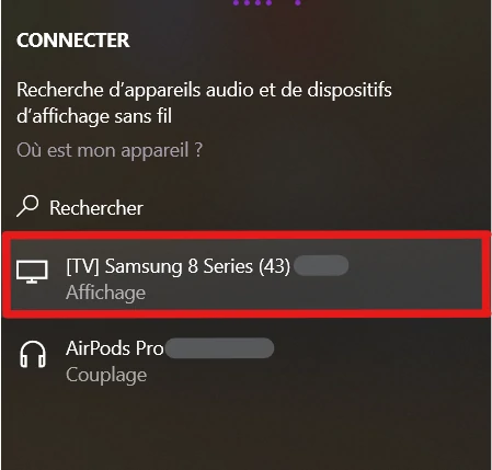 connexion miracast sur windows 2 - Affichage des appareils audio et d'affichage sans fil via le raccourcis Windows + K.