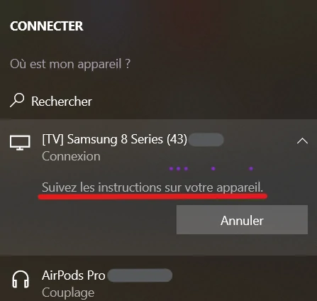 connexion miracast sur windows 3 - Connexion à un appareil en cours